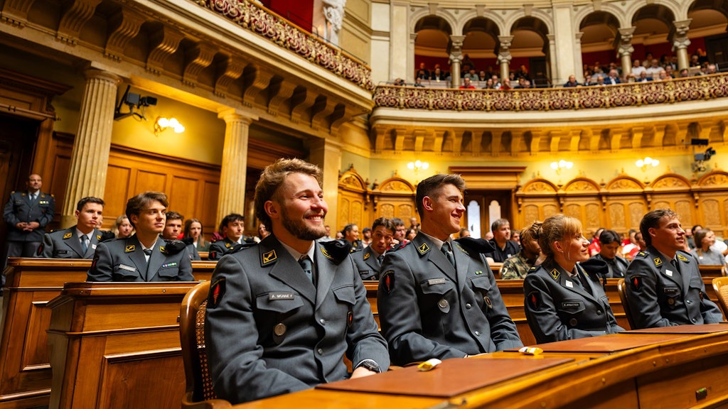 Die Sportsoldaten und Abfahrtscracks Alexis Monney und Franjo von Allmen amüsieren sich über die musikalischen Darbietungen.