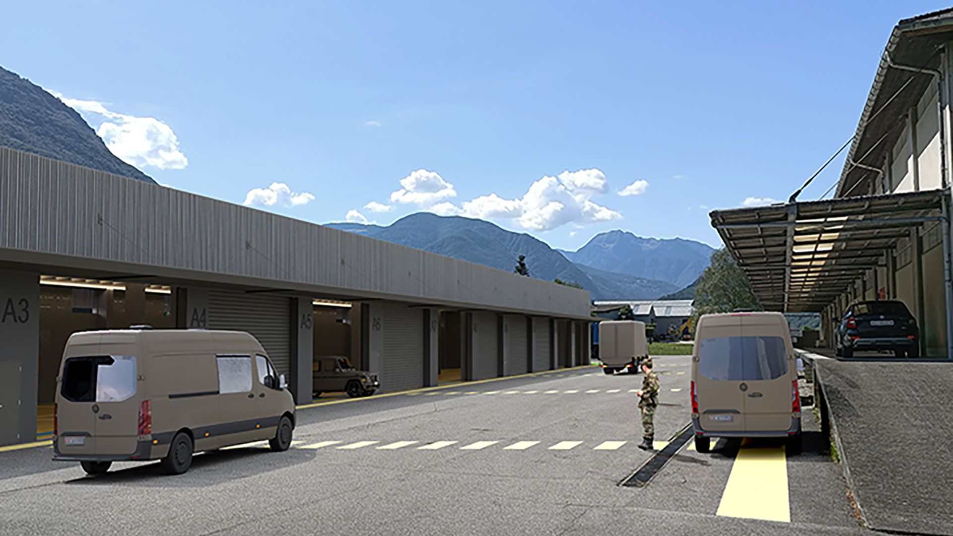 Fahrzeughalle in Claro (Visualisierung)